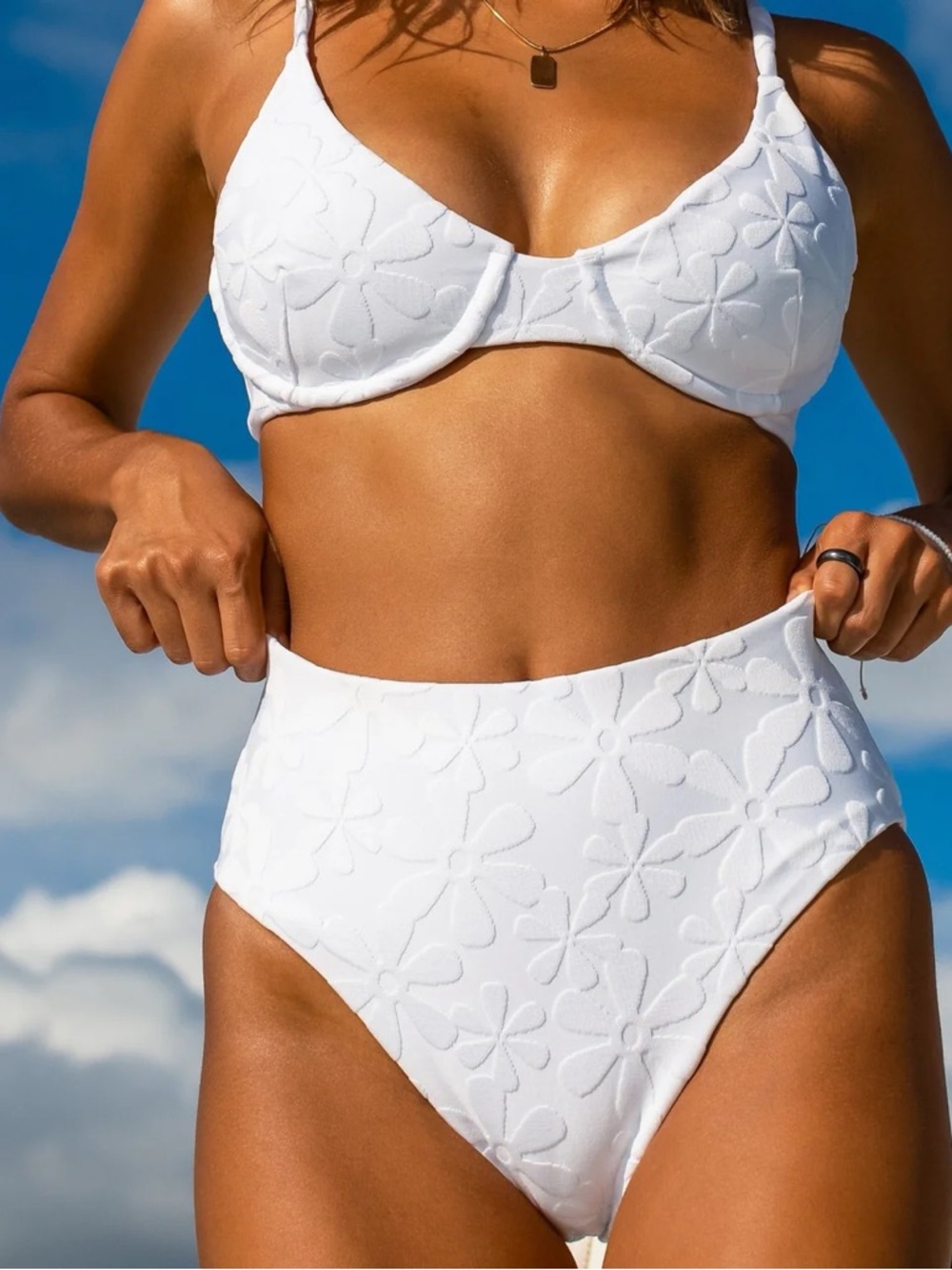 Kenny Flowers White Floral Jaquard High-Waist Bikini Bottom